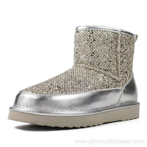 Rhinestone Sheepskin Boots Ankle Boots